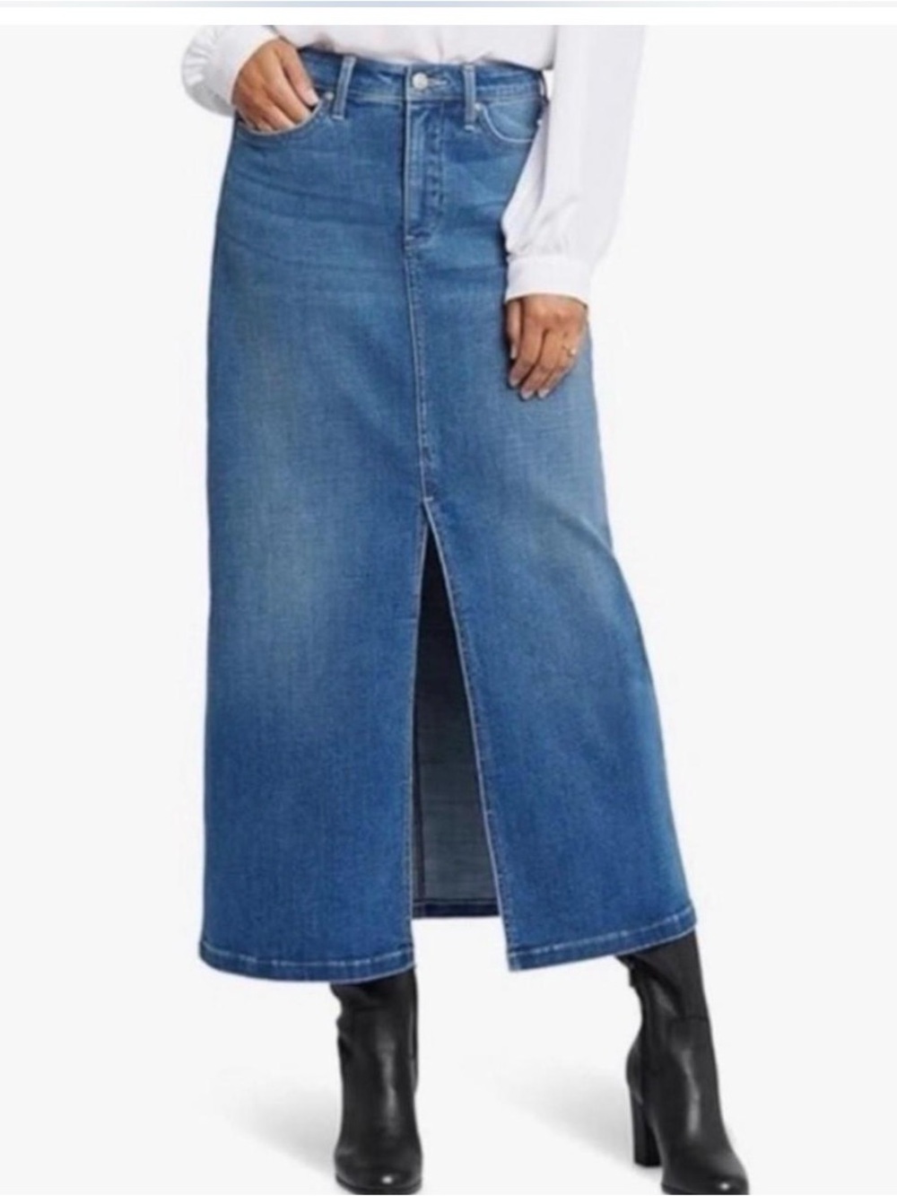 NYDJ High Rise Maxi Denim Skirt Size 10 Lift Tuck Technology Center Front Slit